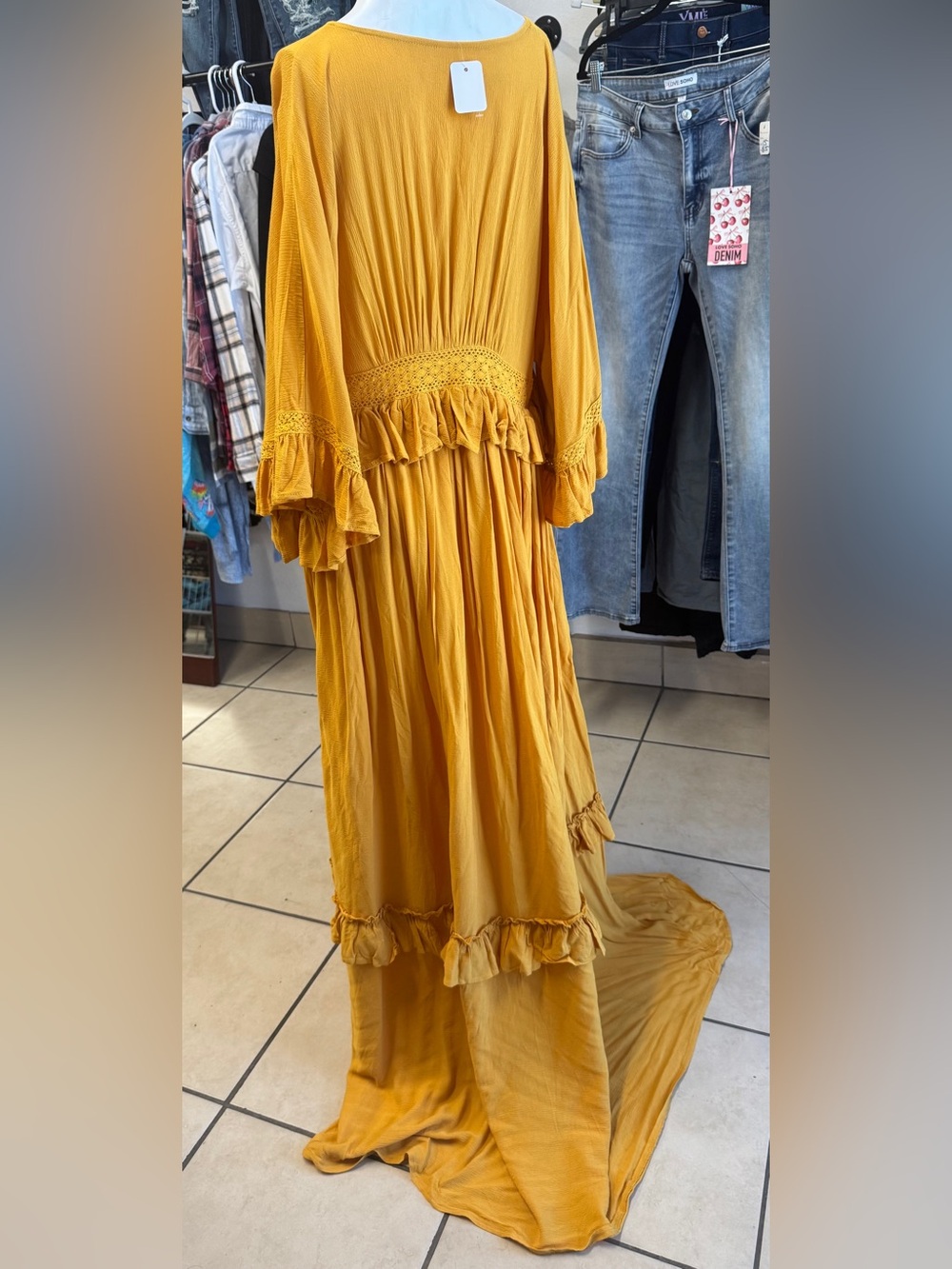 Boho Maxi Dress in Mustard Yellow with Ruffle Details